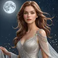 A serene fantasy woman with waist-length chestnut brown hair that frames her delicate features and contrasts beautifully with her soft, flowing dress that sparkles like star dust under the moonlight.