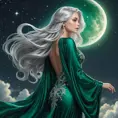 A captivating fantasy woman with long, flowing silver hair that cascades down her back like moonlight captured in silk, wearing intricate, shimmering robes of deep emerald green, set against a backdrop of starlit skies.