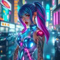 Futuristic cyber-princess with neon hair and glowing tattoos, wearing a holographic dress in a neon-lit megacity