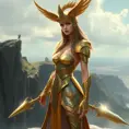 A valkyrie with golden armor and a majestic winged helmet, standing on a cliff overlooking a battlefield