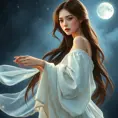 A serene fantasy woman with waist-length chestnut brown hair that frames her delicate features and contrasts beautifully with her soft, flowing dress that sparkles like star dust under the moonlight.