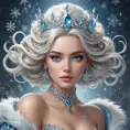 Regal ice queen with piercing blue eyes and frost-tipped hair, wearing a crystalline crown and a gown of swirling snowflakes