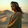 Desert queen with sun-kissed skin and kohl-rimmed eyes, adorned in jewel-toned silks and gold, atop a sand dune at sunset