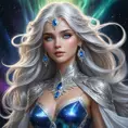 A celestial goddess with flowing silver hair and eyes like sapphires, standing amidst a shimmering aurora