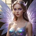 An ethereal fantasy heroine with delicate wings made of iridescent material, glowing with an inner light that casts shadows across her porcelain skin and highlights her striking violet eyes.