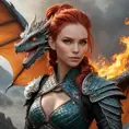 A fierce dragon rider, clad in leathers that are intricately designed to resemble the scales of a real dragon, with fiery red hair tied back defiantly, and eyes burning with inner fire.