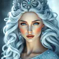 Regal ice queen with piercing blue eyes and frost-tipped hair, wearing a crystalline crown and a gown of swirling snowflakes