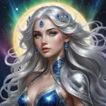 A celestial goddess with flowing silver hair and eyes like sapphires, standing amidst a shimmering aurora