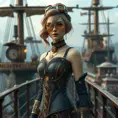 Steampunk princess in a brass and leather corset, goggles atop her head, standing on the deck of a floating airship city