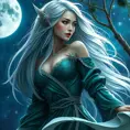 A captivating fantasy woman with long, flowing silver hair that cascades down her back like moonlight captured in silk, wearing intricate, shimmering robes of deep emerald green, set against a backdrop of starlit skies.