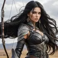 A warrior princess from the steppes, equipped with traditional leather armor adorned with intricate geometric patterns and metalwork, her long black hair flowing behind her in the wind, holding a bow and arrow ready for battle.