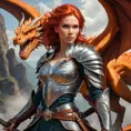 A dragon-riding warrior with fiery red hair and a fierce expression, holding a sword aloft