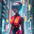 Futuristic cyber-princess with neon hair and glowing tattoos, wearing a holographic dress in a neon-lit megacity