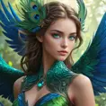 A mythical creature of legend, half-human, half-bird, with stunning green plumage and striking blue eyes, surrounded by a mystical aura that makes her appear almost otherworldly.