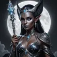 A dark elf queen with intricate tattoos glowing in the moonlight, holding a crystal staff