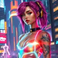 Futuristic cyber-princess with neon hair and glowing tattoos, wearing a holographic dress in a neon-lit megacity