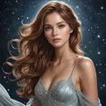 A serene fantasy woman with waist-length chestnut brown hair that frames her delicate features and contrasts beautifully with her soft, flowing dress that sparkles like star dust under the moonlight.