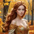 Autumn princess with auburn hair crowned by golden leaves, her dress a swirl of fall colors, in a forest of red and orange trees