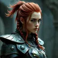 A warrior woman from a forgotten realm, clad in gleaming armor crafted from the scales of mythical beasts, her hair tied back in a fierce braid, with fiery red streaks running through it, facing forward with determination etched on her face.