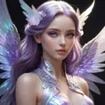 An ethereal fantasy heroine with delicate wings made of iridescent material, glowing with an inner light that casts shadows across her porcelain skin and highlights her striking violet eyes.