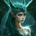 A mythical creature of legend, half-human, half-bird, with stunning green plumage and striking blue eyes, surrounded by a mystical aura that makes her appear almost otherworldly.