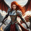 A dragon-riding warrior with fiery red hair and a fierce expression, holding a sword aloft