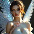 An ethereal fantasy heroine with delicate wings made of iridescent material, glowing with an inner light that casts shadows across her porcelain skin and highlights her striking violet eyes.