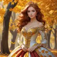 Autumn princess with auburn hair crowned by golden leaves, her dress a swirl of fall colors, in a forest of red and orange trees