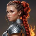 A warrior woman from a forgotten realm, clad in gleaming armor crafted from the scales of mythical beasts, her hair tied back in a fierce braid, with fiery red streaks running through it, facing forward with determination etched on her face.