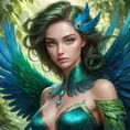 A mythical creature of legend, half-human, half-bird, with stunning green plumage and striking blue eyes, surrounded by a mystical aura that makes her appear almost otherworldly.