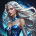 A celestial goddess with flowing silver hair and eyes like sapphires, standing amidst a shimmering aurora