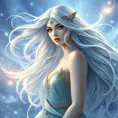 A celestial goddess with flowing silver hair and eyes like sapphires, standing amidst a shimmering aurora