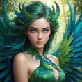 A mythical creature of legend, half-human, half-bird, with stunning green plumage and striking blue eyes, surrounded by a mystical aura that makes her appear almost otherworldly.