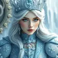 Regal ice queen with piercing blue eyes and frost-tipped hair, wearing a crystalline crown and a gown of swirling snowflakes