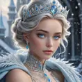 Regal ice queen with piercing blue eyes and frost-tipped hair, wearing a crystalline crown and a gown of swirling snowflakes