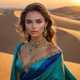 Desert queen with sun-kissed skin and kohl-rimmed eyes, adorned in jewel-toned silks and gold, atop a sand dune at sunset