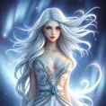 A celestial goddess with flowing silver hair and eyes like sapphires, standing amidst a shimmering aurora