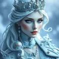 Regal ice queen with piercing blue eyes and frost-tipped hair, wearing a crystalline crown and a gown of swirling snowflakes