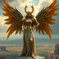 A valkyrie with golden armor and a majestic winged helmet, standing on a cliff overlooking a battlefield