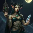 A dark elf queen with intricate tattoos glowing in the moonlight, holding a crystal staff