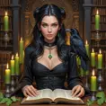 A witch with raven hair and piercing green eyes, surrounded by floating candles and ancient tomes