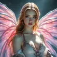 An ethereal fantasy heroine with delicate wings made of iridescent material, glowing with an inner light that casts shadows across her porcelain skin and highlights her striking violet eyes.