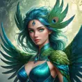 A mythical creature of legend, half-human, half-bird, with stunning green plumage and striking blue eyes, surrounded by a mystical aura that makes her appear almost otherworldly.