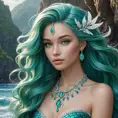 A mermaid queen with long, cascading seafoam green hair that frames her delicate face and cascades around her in soft waves, dressed in a regal trident necklace and shimmering ocean-blue tail feathers.