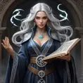 An ancient sorceress with silver hair reaching her waist, wearing robes that swirl with patterns of ancient runes and arcane symbols, her hands poised above an open tome as if preparing to cast a powerful spell.