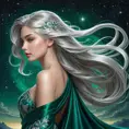 A captivating fantasy woman with long, flowing silver hair that cascades down her back like moonlight captured in silk, wearing intricate, shimmering robes of deep emerald green, set against a backdrop of starlit skies.