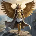 A valkyrie with golden armor and a majestic winged helmet, standing on a cliff overlooking a battlefield