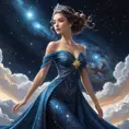 Celestial empress with star-speckled skin and constellation-patterned gown, floating gracefully through the cosmic void