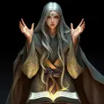 An ancient sorceress with silver hair reaching her waist, wearing robes that swirl with patterns of ancient runes and arcane symbols, her hands poised above an open tome as if preparing to cast a powerful spell.