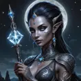 A dark elf queen with intricate tattoos glowing in the moonlight, holding a crystal staff